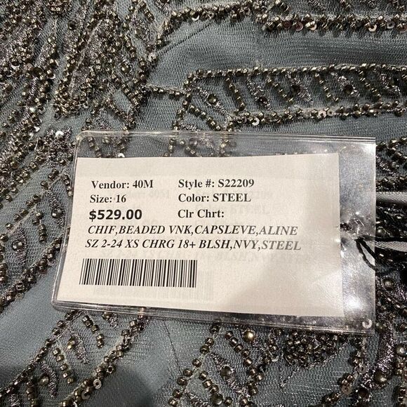 NEW MGNY by Mori Lee Embellished Bodice Cap Sleeve Maxi Dress Gown in Steel Gray - Picture 8 of 13